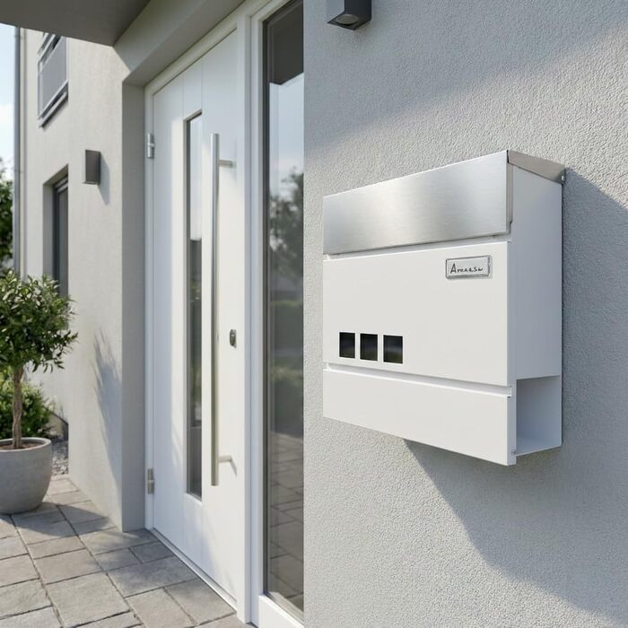 Поштовий ящик з нержавіючої сталі з оглядовим вікном та табличкою для імені, з відділенням для газет, замком (2 ключі), настінний, RAL 7016 (сірий), великий (XXL), білий