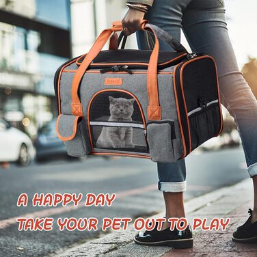 Транспортна переноска для котів та собак PETCUTE, сірого кольору, знімний килимок, дихаюча, з регульованим ременем, схвалена авіакомпаніями