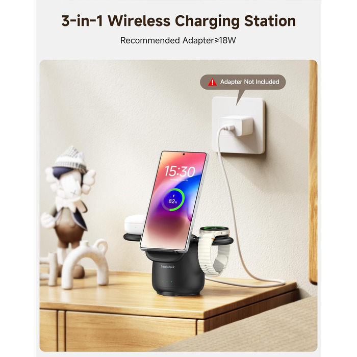 Бездротова зарядка SwanScout 3-в-1 для Samsung S25 Ultra, S24, S23, Z Flip 7, Z Fold 7, Galaxy Watch 8/Ultra/7/6/5/Buds, білий (чорний)