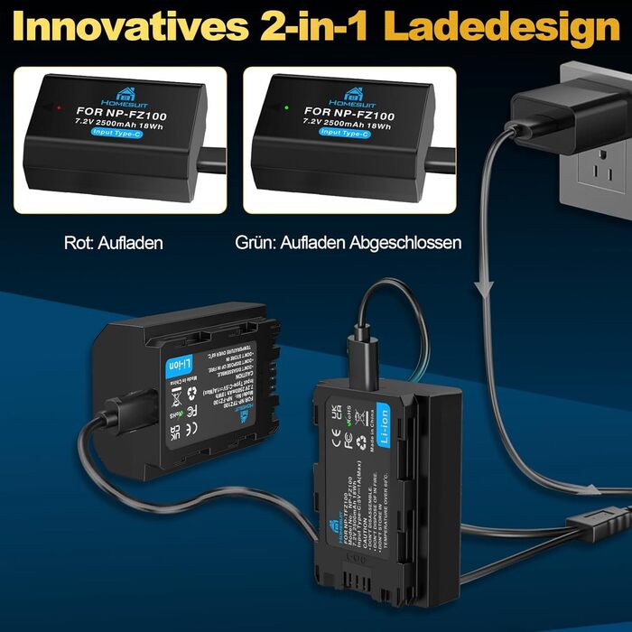 Акумулятор NP-FZ100 Homesuit 2280mAh та подвійний зарядний пристрій для камер Sony ZV-E1, FX3, FX30, A7RIII, A7RV, A7RIV, A7SIII, A7III, A7IV, A7C, A7CII, A6600, A6700, Alpha A1, A9, A9II, A9III, 9R, A9R, 9S (2 шт.)