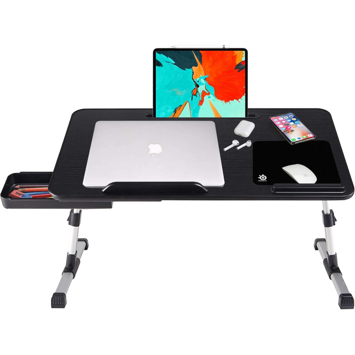 Регульований стіл для ноутбука з ящиком, чорний. Розмір: 23.6' x 13.6' x 9.4-12.6'