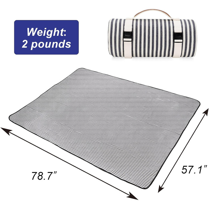 Водонепроникний плед для пікніка TwentyNext, 145x199.9 см, для пляжу, кемпінгу, з ручкою, машинного прання, складаний, в смужку