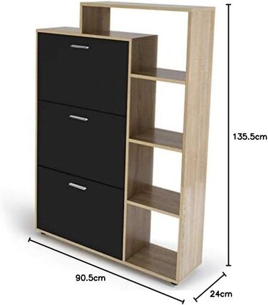 Shoe cabinet KLARK for 18 pairs, beechwood imitation finish, 3 black doors with shelf