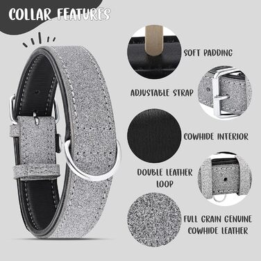 Riparo Genuine Leather Adjustable Dog Collar with Additional Reinforcement (: 4.5CM Wide for 53.4CM - 63.5CM Neck, ) (XL, Grey/White Thread)