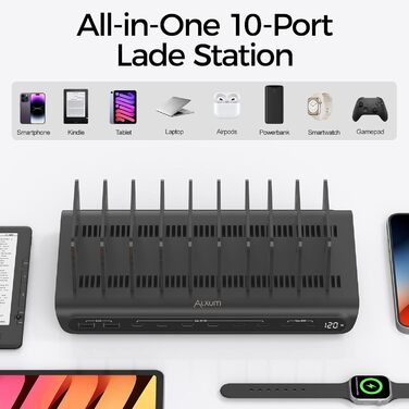 Зарядний пристрій Alxum 60W USB, 10 портів (5V/2.4A) для телефонів, планшетів, Kindle - чорний