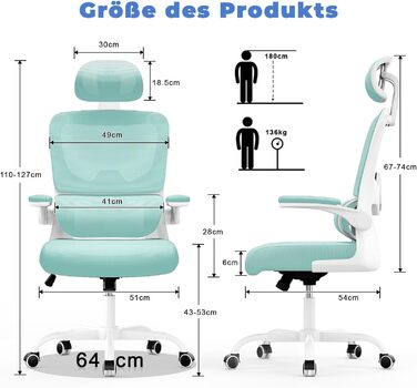 Офісне крісло Naspiro, ергономічне з регульованою підголовником, підлокітниками, підтримкою попереку, поворотне з дихаючою сіткою, для дому/офісу, зелене