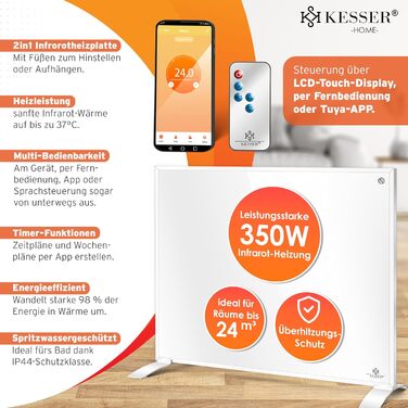Інфранічний обігрівач KESSER® 350W: енергозберігаючий, з пультом, термостатом та керуванням через додаток. Можливість встановлення на підлогу або на стіну. Білий конвекторний нагрівач.