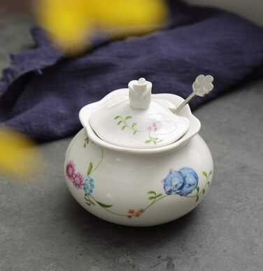 Hotoco Sugar Bowl, Ceramic Sugar Bowl with Lid and Stainless Steel Spoon for Home and Kitchen - Flower Design, White flower