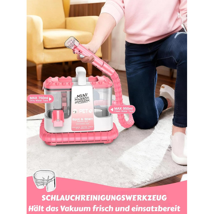 Портативний мийник для м'яких меблів 600W, 16Kpa, з розчином 500мл та 5 насадками. Для диванів, килимів, авто та сходин. Легкий та компактний, рожевий колір