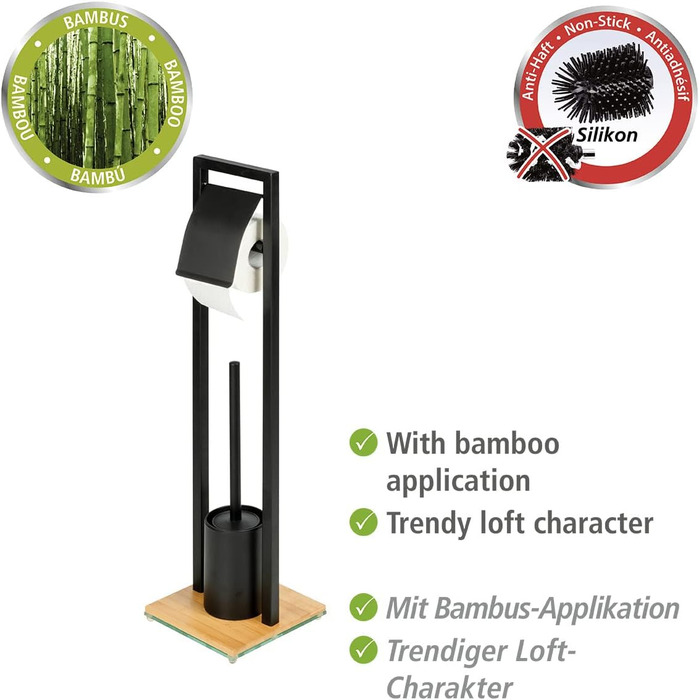 Набір для туалету WENKO Bambusa: тримач для туалетного паперу та щітка для унітазу, Loft-стиль, чорний/натуральний, 18 x 72,5 x 18 см