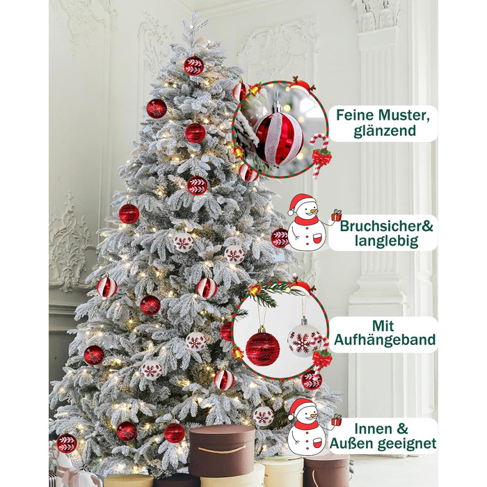 Набір прикрас на ялинку 40 шт. червоно-білі, 6 см, пластикові, з підвісками, небрудні, різноманітні поверхні та візерунки, для внутрішнього та зовнішнього використання