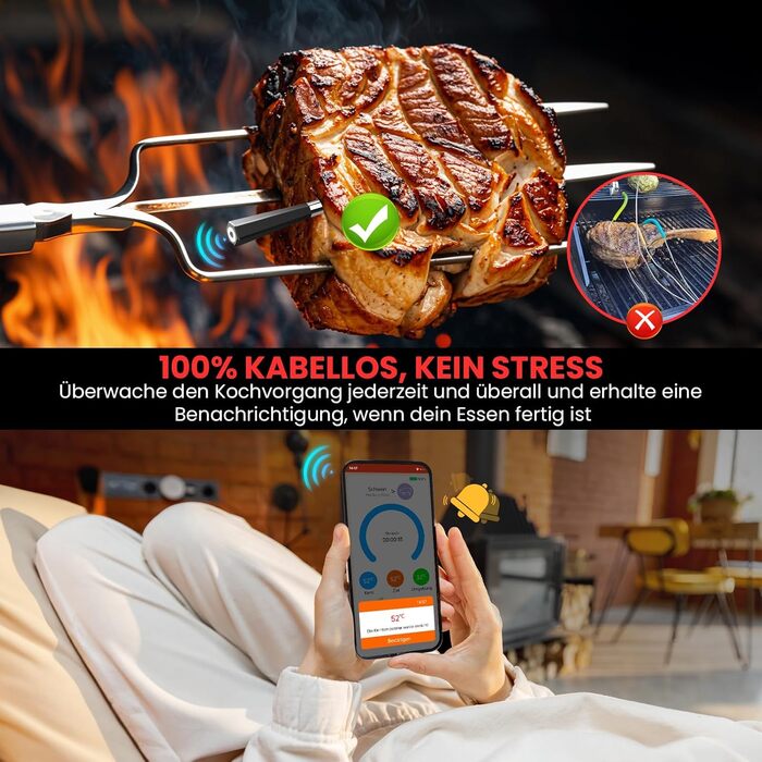 Бездротовий термометр для м'яса з двома датчиками, цифровий термометр для приготування страв з підключенням через додаток, Bluetooth, 150м, для гриля, кухні, барбекю, духовки, коптильні, ротатерії, фритюрниці, подарунок, чорний