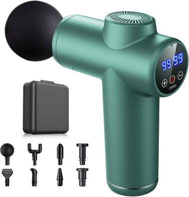 Масажер для м'язів Bizcasa: 99 швидкостей, 8 насадок, LCD-дисплей, USB-C, для розслаблення м'язів (зелений)