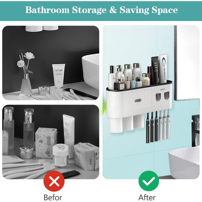Wall-Mounted Toothbrush Holder with 2 Automatic Toothpaste Dispensers, 6 Toothbrush Slots, 3 Magnetic Cups, 1 Storage Drawer, and Large Storage Shelf