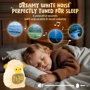 Alarm clock with night light for children, featuring sleep training and sound machine functions, rechargeable silicone wake-up lamp, cute animal table lamp, perfect sleep companion for boys and girls.