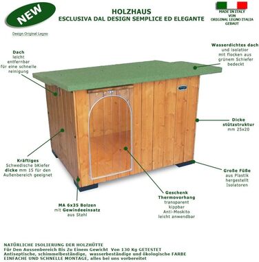 Будка для собак з масивного дерева, термозавіса, для німецької вівчарки (102x88x78) - Made in Italy