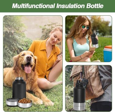 Водяна пляшка для собак на прогулянці, 950 мл, з мисками для води та їжі, ізольована сталева термопляшка, для подорожей, активного відпочинку