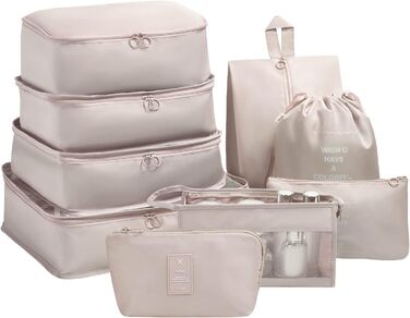 Органайзер для валізи OSDUE, набір 9 шт: кубики для пакування, водонепроникні сумки для одягу, косметичка, кишеня для USB-кабелів (бежевий)