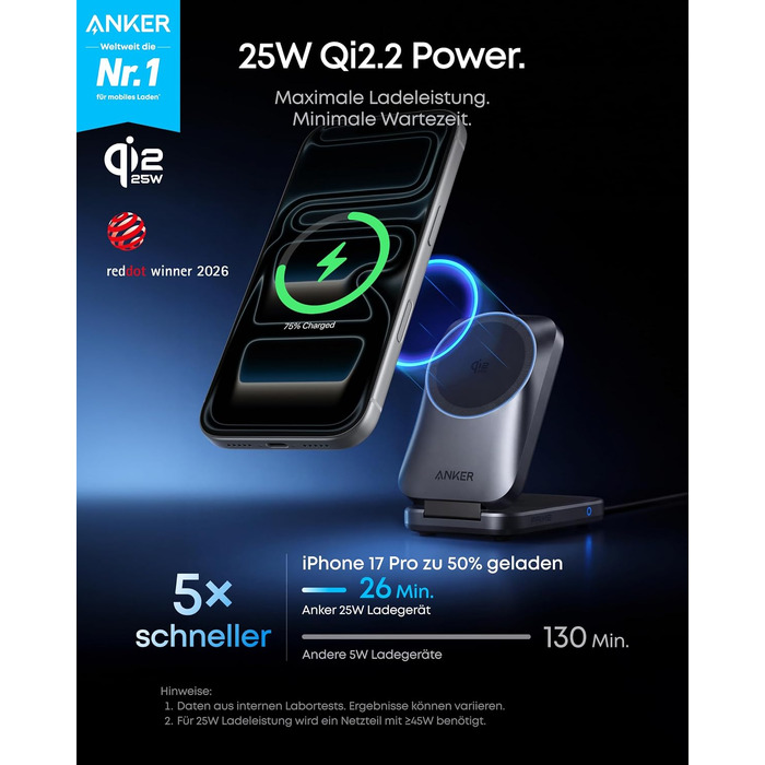 Зарядна станція Anker Prime 3-in-1 Qi2 25W з системою охолодження AirCool, бездротовий зарядний пристрій, чорний
