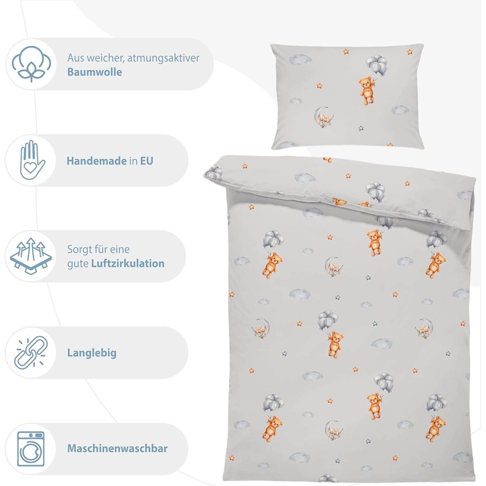 Комплект постільної білизни для дитячого ліжечка Kinderbettwäsche: комплект ковдри 100x135 см та наволочки 40x60 см з бавовни. Підходить для хлопчиків та дівчаток. Oeko-Tex сертифікат.