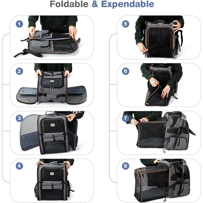 Розширюваний рюкзак для кота/собаки, до 8 кг, сірий. Рюкзак-переноска для тварин з безпечною шнуркою та підстилкою, 32 x 28 x 42 см