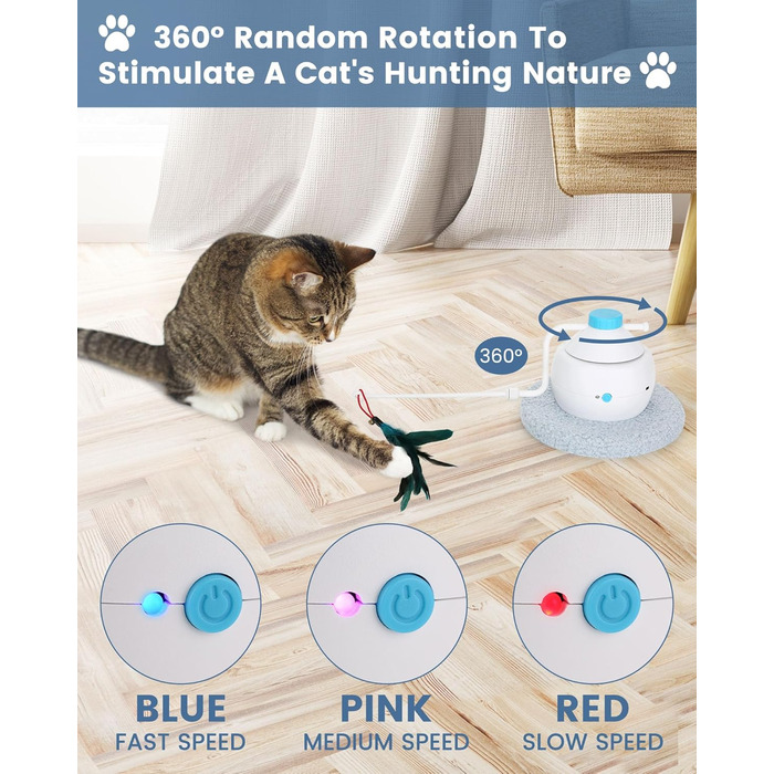 Cat Toy Self-Entertainment, 3 IN 1 Interactive Feather Toy for Cats with 360 Degree Automatic Rotating, USB Rechargeable Complete Set Cat Accessories Electric (Light Blue)
