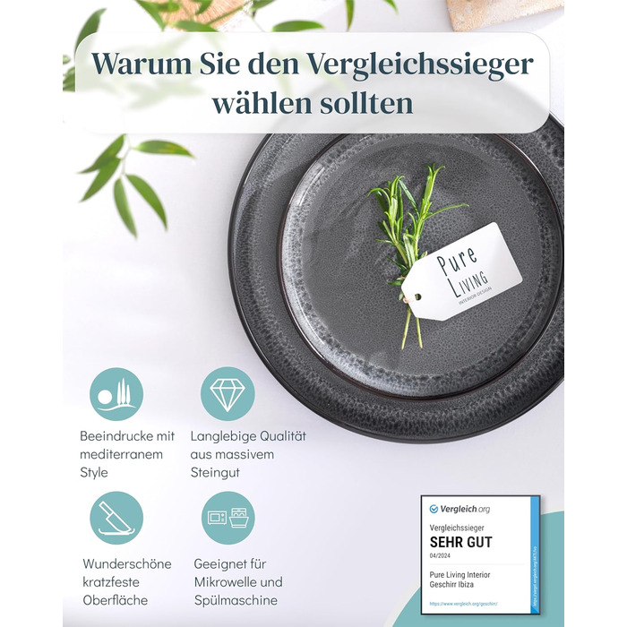 Набір посуду з кераміки Pure Living Ibiza 36 предметів (12 осіб), сірий колір