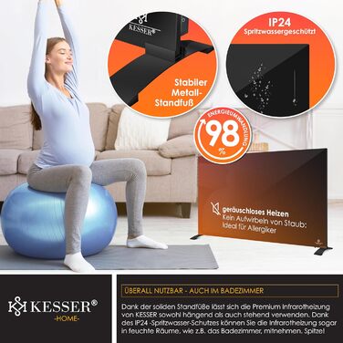 Інфрачервовий обігрівач KESSER® з функцією 2 в 1: підлоговий та настінний. Економний електрообігрівач з термостатом, датчиком відчинених вікон, пультом та керуванням через додаток (500W, чорний)
