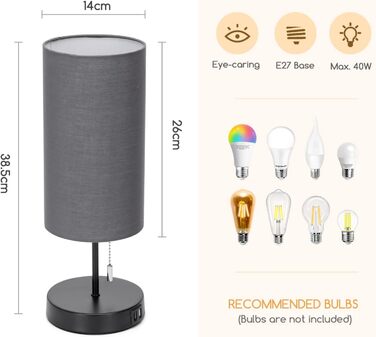 Настільна лампа Aigostar з 2 USB-портами, вимикач, металевий цоколь, сірий колір, для спальні, вітальні, дитячої кімнати