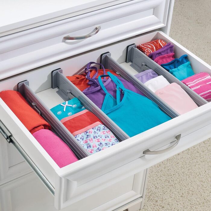 mDesign Adjustable Drawer Organizer – Practical Drawer Dividers for Cabinets and Dressers – Flexible Plastic Compartmentalizer – 8-Piece Set – Grey and Black