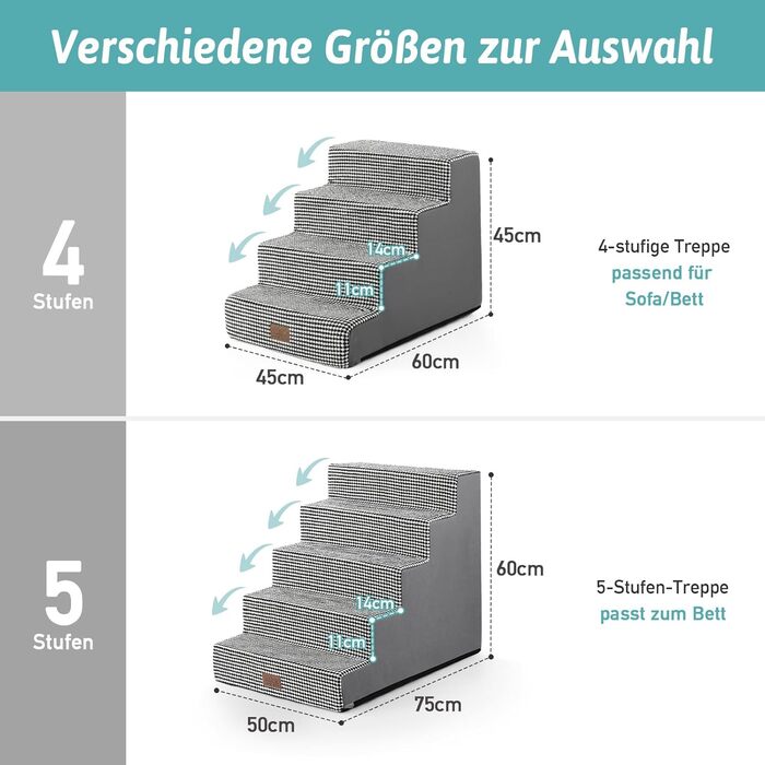 COZY KISS Dog Stairs for Small Dogs, Wide Steps Pet Stairs for Bed Couch Car, 60cm High High-Density Foam Cat Stairs with Removable Cover (7x0x60cm, ) (Black & White, 5, 75x50x60cm)