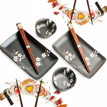 Набір керамічного посуду для суші Edo Japan Anemone Black, чорний у квітів, на 2 особи