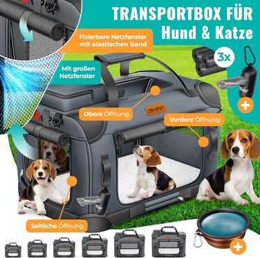 Транспортна переноска для собак та котів M 60x42x44см | Переноска для тварин, складана | З мискою та плечовим ременем | Для котів та собак, антрацит