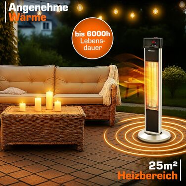 Інфрачервовий обігрівач TRESKO 2000W з пультом керування | Тепловий випромінювач для тераси, електричний, 3 режими | Обігрівач для тераси, внутрішній та зовнішній | Інфрачервовий обігрівач з LED-дисплеєм (срібний)