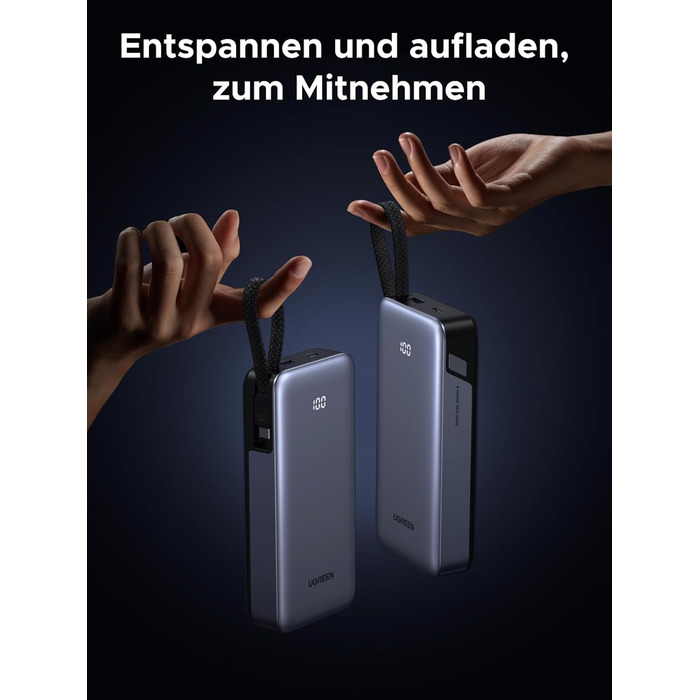 Power Bank UGREEN 20000mAh 45W з USB-C кабелем та швидкою зарядкою PD, сумісний з iPhone, iPad, Samsung Galaxy, ноутбуками