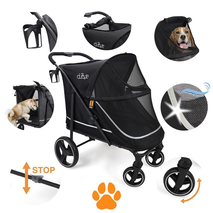 Візок для собак XL CHAMP – зручний та місткий, для великих собак, котів, з дощиковим чохлом, тримачем для напоїв та місцем для зберігання, вантажопідйомність до 50 кг, чорний