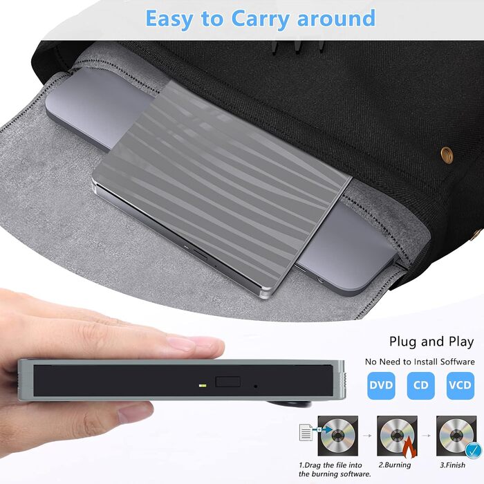 Зовнішній DVD-привід USB 3.0 та Type-C, портативний CD/DVD+/-RW записувач для ноутбука, ПК, MacBook, Windows, MacOS, Linux (Сірий)