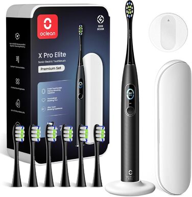 Oclean X Pro Elite: Електрична звукова зубна щітка з 7 насадками, підставка та чохол, чорна