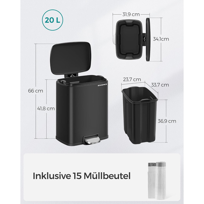 Відро для сміття SONGMICS з педаллю, 20 літрів, з м'яким закриттям, з внутрішнім відром, 15 мішків, металеве срібло LTB543E01