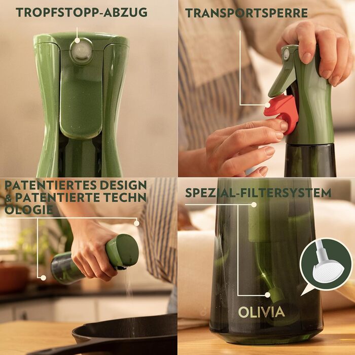 Спрей для олії FLAIROSOL Olivia 200 мл, скляний диспенсер для олії з дозуванням, зелений - для кухні, салатів, грилю, випічки
