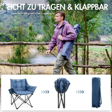 Крісло для кемпінгу складне, XXL, з підлокітниками, 150 кг, блакитне