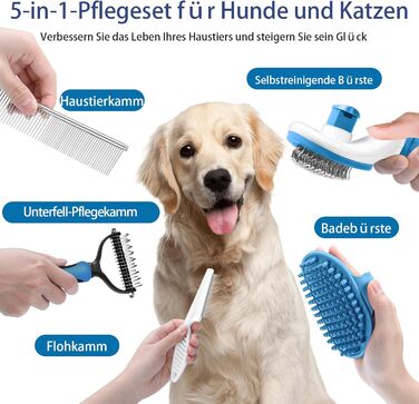 Набір щіток для собак, 5 шт. для грумінгу, самоочищувані, для великих та середніх собак, котів та дрібних тварин, для довгої та короткої шерсті, зменшує випадання шерсті, блакитний