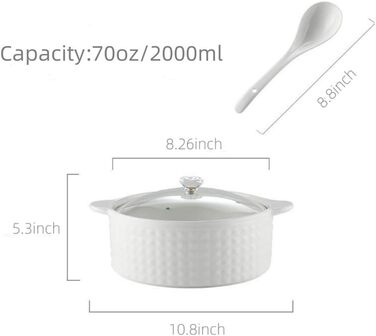 Soup tureen with lid and ladle set, 2L ceramic serving bowl with glass lid, serving dishes with double handles, porcelain, white, microwave and dishwasher safe