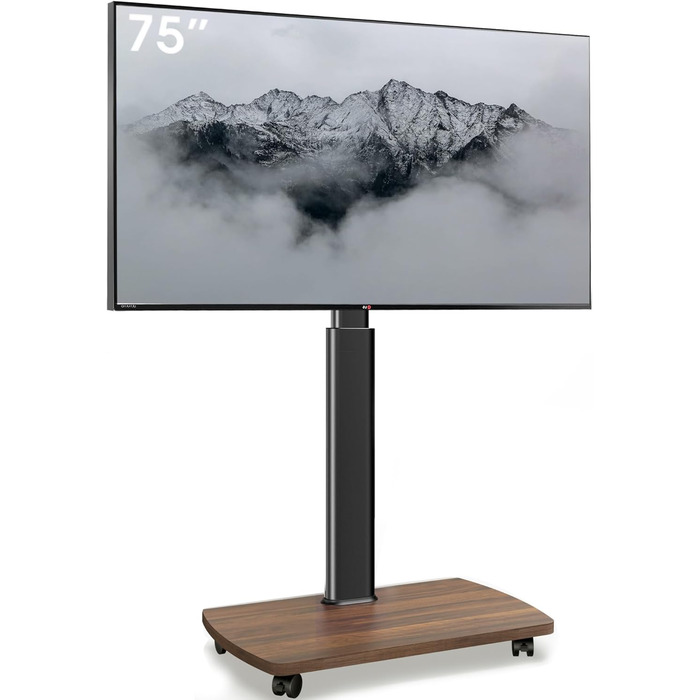 AOKCOS Rolling TV Stand with Wood Shelf - Adjustable Height & Swivel - Fits 43-75 Inch TVs (up to 50kg) - VESA 600x400mm - White+Natural (Black+Vintage Brown)