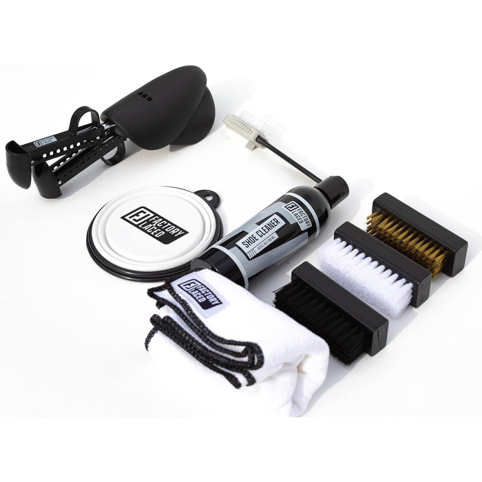 FACTORY LACED Shoe Cleaner Sneaker Kit - The ultimate sneaker cleaning experience including 240ml shoe cleaner, 4 shoe brushes, 2 shoe shapers, and a microfiber cleaning cloth