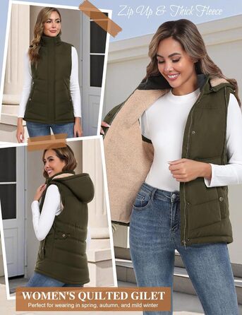 Жіноча жилетка Tuopuda з капюшоном, стеганий фліс, тепла зимова куртка без рукавів, термо жилетка з коміром-стійкою, на блискавці, осінь/зима (армійний зелений, XL)