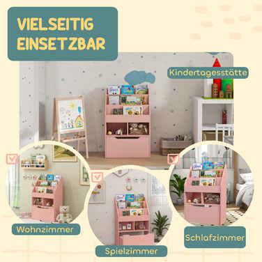 HOMCOM Kids Bookshelf, Children's Shelf with Drawer, 3 Storage Compartments and 2 Open Compartments, Storage Shelf for Kids' Room, Playroom, Pink, 60 x 29.9 x 90 cm | Aosom