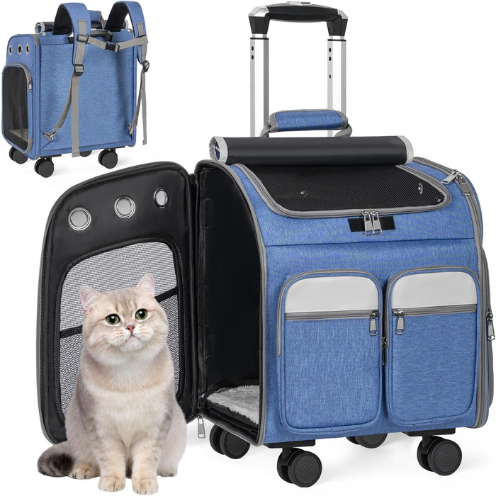 Сумка-переноска для тварин на колесах, для котів та маленьких собак, 4-в-1, рюкзак, сумка-переноска, дихаюча, хакі (блакитна)