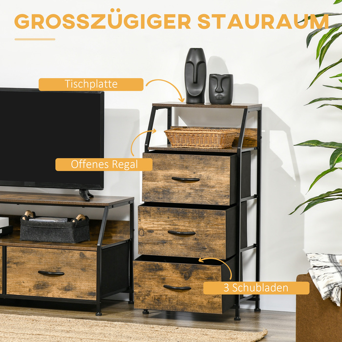 HOMCOM Fabric Chest of Drawers Storage Cabinet with 3 Drawers, Shelf Storage Dresser with Steel Frame Closet for Bedroom, Living Room Rustic Brown | Aosom
