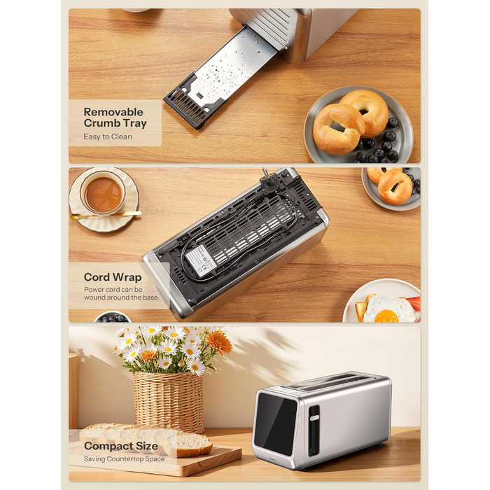 Тостер з нержавіючої сталі з сенсорним екраном та функцією пам'яті, 4-х слайсова модель з 6 рівнями підсмажування та 5 режимами для хліба, функціями розморожування та підігріву, технологією Single Slot